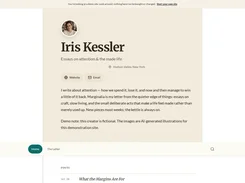 Beige profile and writing site for “Iris Kessler,” with biography text, website and email buttons, and a small circular profile image.