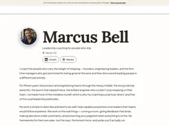 White profile page for “Marcus Bell” featuring leadership-coaching text, LinkedIn and website buttons, and a circular profile image.