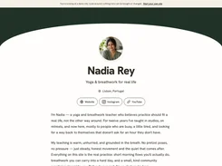 Dark green and white profile page for “Nadia Rey,” with yoga and breathwork biography text, social-link buttons, and a small profile image.