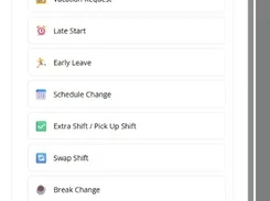 New Request dialog with schedule request options including vacation, late start, early leave, shift change, pickup shift, swap shift, and break change.