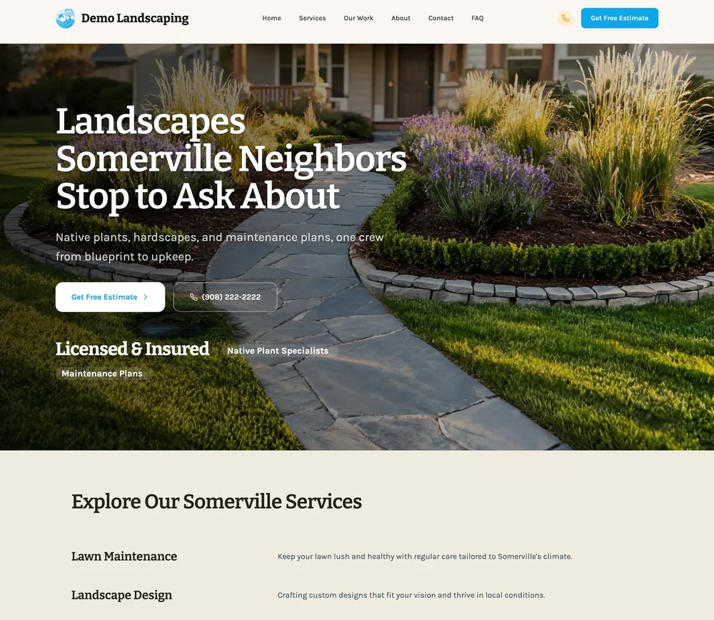 Screenshot of a Demo Landscaping website template with a landscaped front yard hero image, navigation bar, estimate buttons, and a services section.