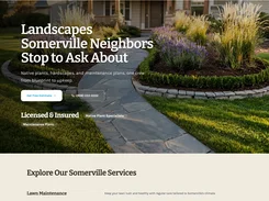 Screenshot of a Demo Landscaping website template with a landscaped front yard hero image, navigation bar, estimate buttons, and a services section.