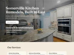 Screenshot of a Demo Kitchen Remodeling website template featuring a kitchen hero image, navigation, consultation buttons, and service cards.