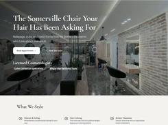 Screenshot of a Demo Hair Salon website template with a salon interior hero image, appointment controls, navigation, and styling-service listings.