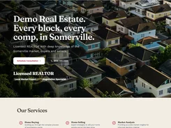 Screenshot of a Demo Real Estate website template with an aerial neighborhood hero image, consultation controls, navigation, and service listings.