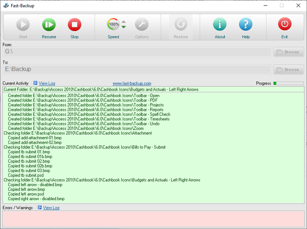 Fast-Backup main window during an incremental backup