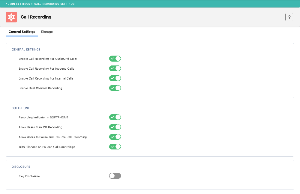Fastcall Admin Settings Call Recording page with enabled outbound, inbound, internal, and dual-channel recording switches.