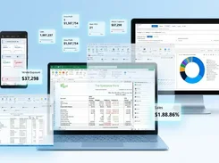 Composite product image showing FastClose financial reporting and dashboard interfaces on a phone, laptop, desktop monitor, and floating KPI cards.