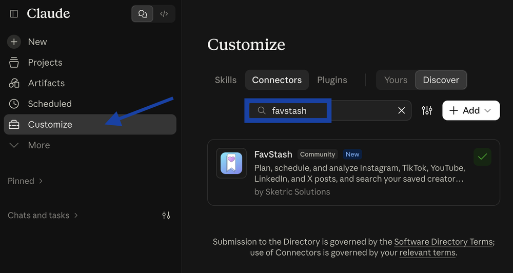Claude Customize page showing a search for “favstash” and the FavStash Community connector card with a green check mark.