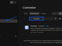 Claude Customize page showing a search for “favstash” and the FavStash Community connector card with a green check mark.