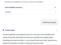 Mobile-style Feasly Analyst conversation screen for Foundry Yard with feasibility-summary and cashflow links.