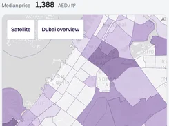 Mobile market analytics view showing Dubai apartment sales activity, price per square foot, sales totals, and a shaded area map.