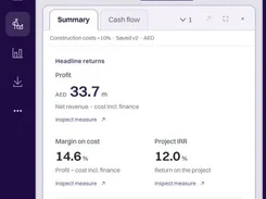 Feasly results workspace for Cedar Quarter showing headline returns including profit, margin, IRR, GDV, development cost, and NPV.