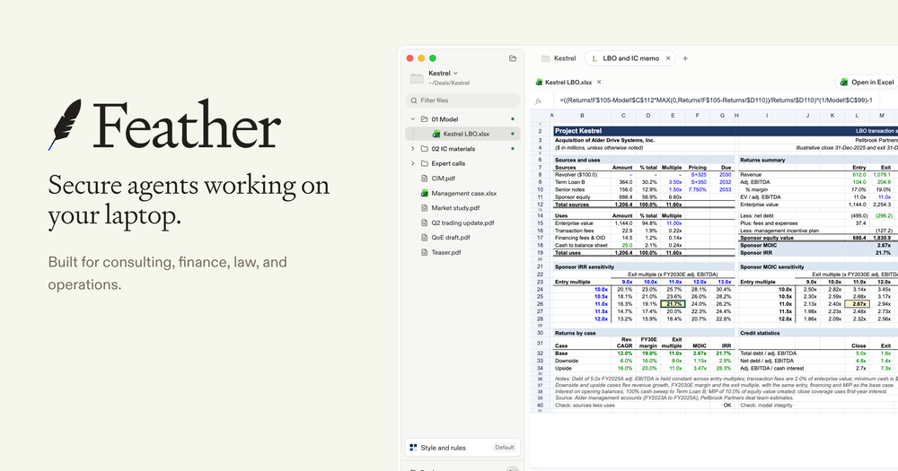 Feather promotional image showing its desktop workspace with a file sidebar and an LBO spreadsheet open alongside the text “Secure agents working on your laptop.”