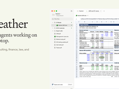 Feather promotional image showing its desktop workspace with a file sidebar and an LBO spreadsheet open alongside the text “Secure agents working on your laptop.”