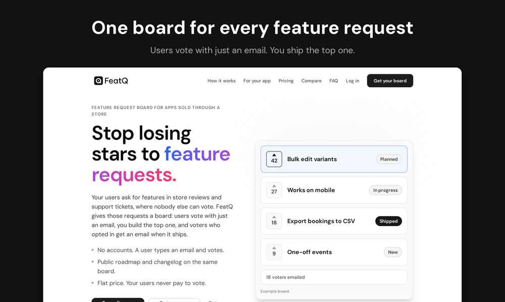 FeatQ feature request board: users submit and vote without an account