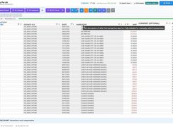Fedix transaction workspace listing bank transactions with source files, dates, narratives, amounts, comments, and accounting categories.