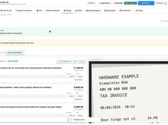 Fedix receipt-import review screen showing linked receipts, categorized transaction cards, and a preview of a sample tax invoice.