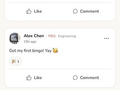 Employees post check-ins and milestones to their company feed and react to each other. Posting is optional, and employees can take part under a display name instead of their own.