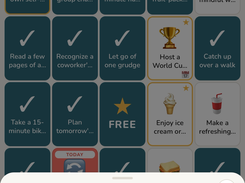 The monthly card: 24 self-care activities across movement, nutrition, mindset, and connection. Tap a square to see what it asks, then mark it complete. The center square is free, and gold squares are spotlight picks chosen for the month