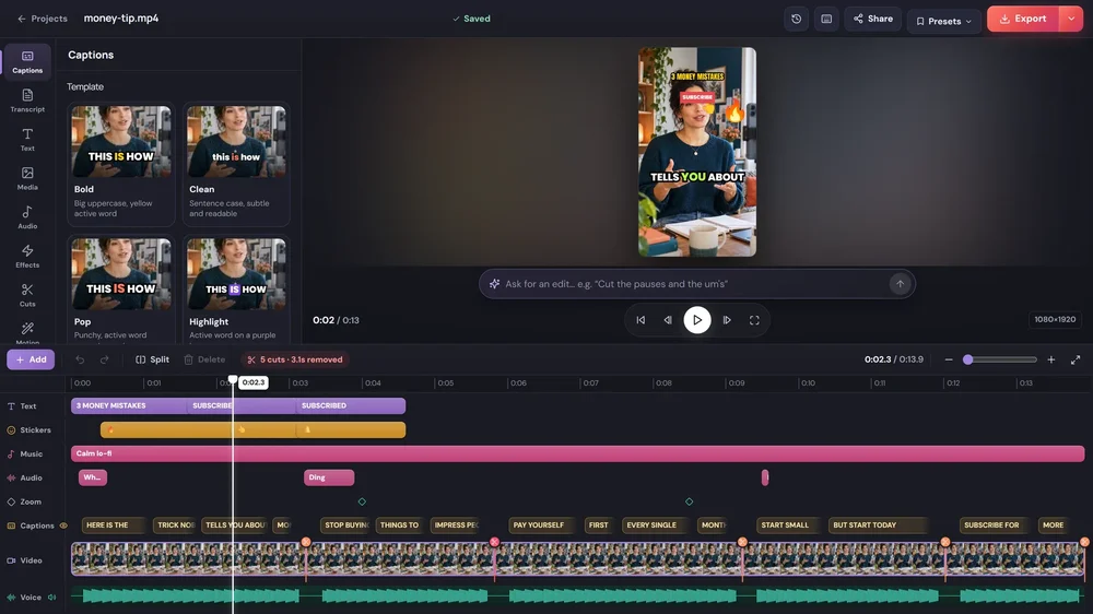 A dark-themed video-editing workspace displays a vertical video preview, caption template options, editing controls, a multitrack timeline, caption blocks, and audio waveforms.