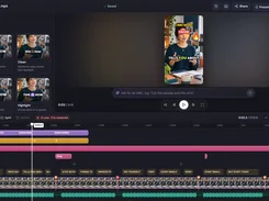 A dark-themed video-editing workspace displays a vertical video preview, caption template options, editing controls, a multitrack timeline, caption blocks, and audio waveforms.
