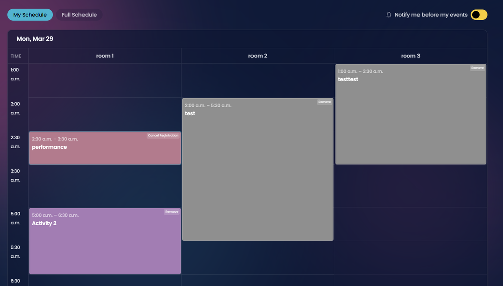 Multi-stage schedule builder with drag and drop and performer conflict checks
