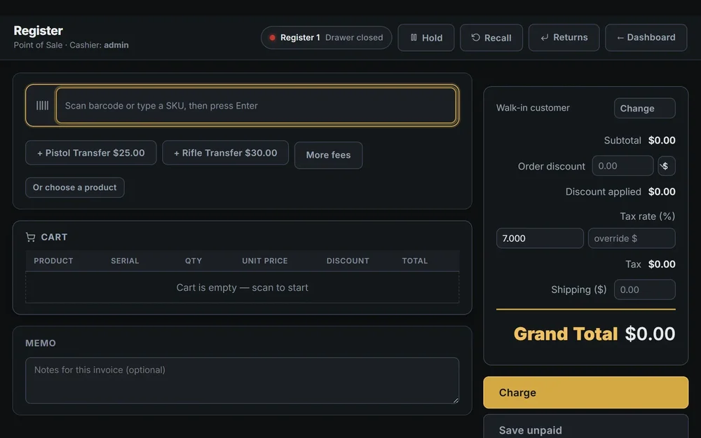 Point-of-sale register screen with barcode entry, cart, fees, tax, and checkout total.