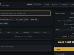 Point-of-sale register screen with barcode entry, cart, fees, tax, and checkout total.