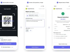 Three mobile screens illustrating QR asset scanning, submission of an equipment issue, and a request-submitted confirmation.
