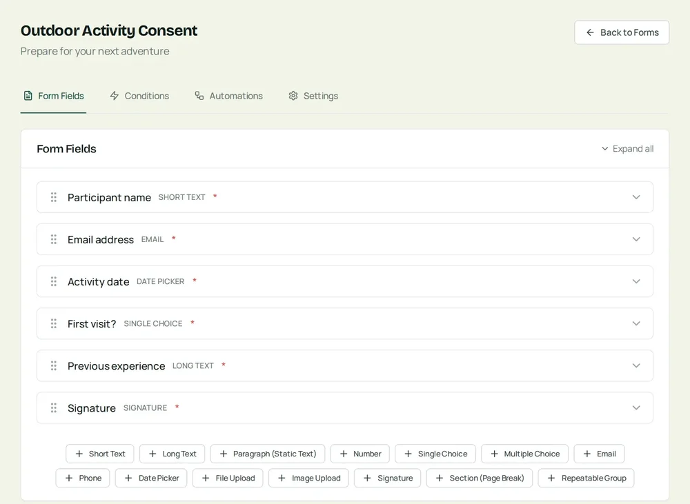 FieldWaiver form builder showing fields for an outdoor activity consent form and available field types.