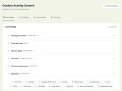 FieldWaiver form builder showing fields for an outdoor activity consent form and available field types.