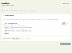 Conditional form logic editor that shows the Previous experience field when First visit is set to No.