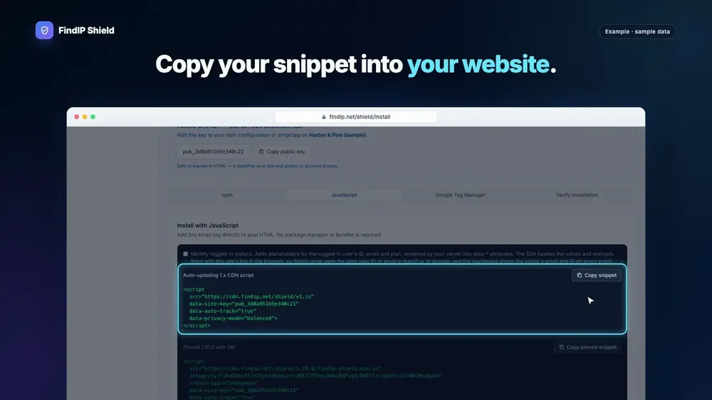 FindIP Shield installation page with the JavaScript tab selected and a highlighted script snippet with a Copy snippet button.