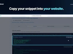 FindIP Shield installation page with the JavaScript tab selected and a highlighted script snippet with a Copy snippet button.
