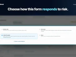 FindIP Shield form-risk response dialog offering Monitor only, Slow down, Verify (Turnstile), Block, and custom behavior options.