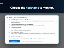 FindIP Shield setup review dialog describing a Cloudflare helper, monitoring mode, visible visitor information, and a Turn on protection button.