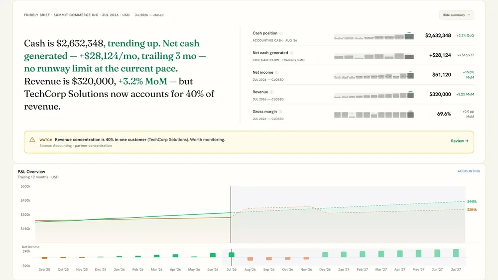Finrely dashboard showing cash position, net cash generated, net income, revenue, gross margin, a customer concentration warning, and a P&L chart.