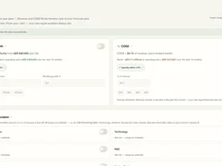 Finrely assumptions screen with editable revenue-growth and COGS settings, forecast controls, and operating-expense categories.