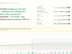 Finrely financial dashboard showing a written cash and revenue summary, key financial metrics, a revenue concentration warning, and a P&L overview chart.