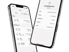 Two phone mockups showing a trading-history screen and a completed Bitcoin order-details screen.