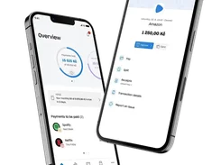 Two phone mockups showing an account overview with payment limits and subscriptions, plus an individual payment-details screen in Czech koruna.
