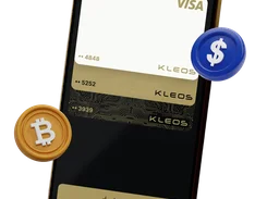 Dark-themed phone mockup showing a Cards screen with two virtual Kleos Visa cards, partially masked card numbers, an Add new button, and decorative dollar and Bitcoin coins.