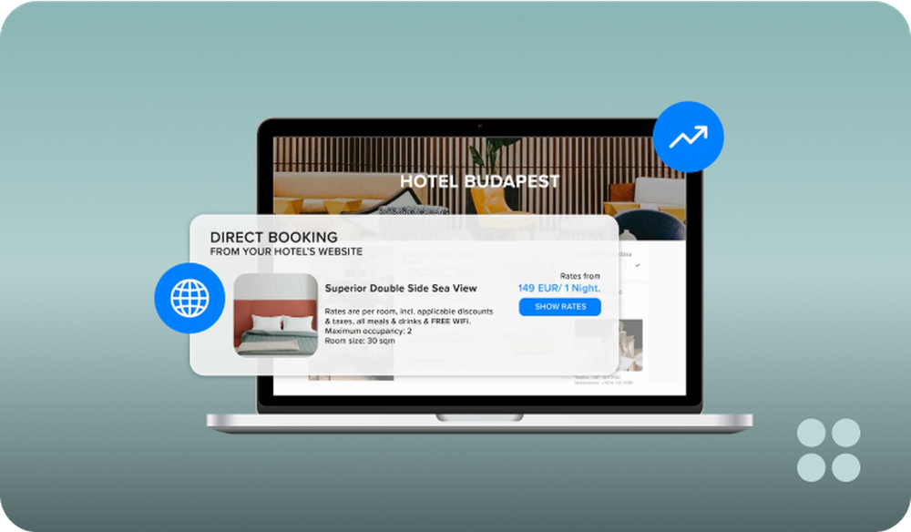 Laptop mockup displaying a hotel direct-booking page headed “HOTEL BUDAPEST,” with a room-rate card in front.