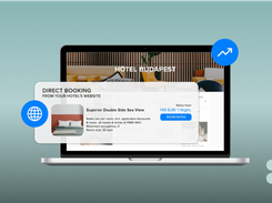 Laptop mockup displaying a hotel direct-booking page headed “HOTEL BUDAPEST,” with a room-rate card in front.