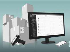 Desktop monitor displaying a dark-sidebar dashboard with a tabular list, shown beside parcels, a barcode scanner, and a phone.