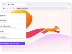 Firefox browser window with a Site Information panel listing connection, content blocking, cookies, permissions, and a Clear cookies and site data button.