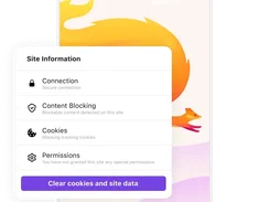 Mobile browser mockup with a Site Information panel listing connection, content blocking, cookies, permissions, and a Clear cookies and site data button.