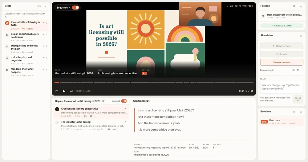FirstCut editing interface showing beats, a video preview, clip list, transcript panel, AI assistant controls, footage, and revisions.