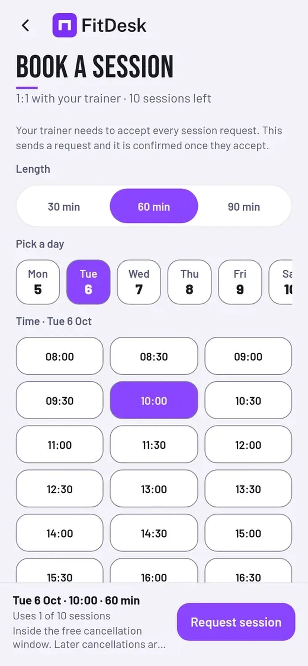 FitDesk booking screen for requesting a 60-minute training session, with day and time-slot selectors and a request button.